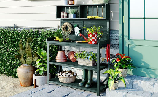 Gecheer 65" Rustic Wooden Farmhouse Potting Bench for Outdoor Garden Use – Forest Green Workstation with 4 Storage Shelves, Side Hooks & Splash Plate