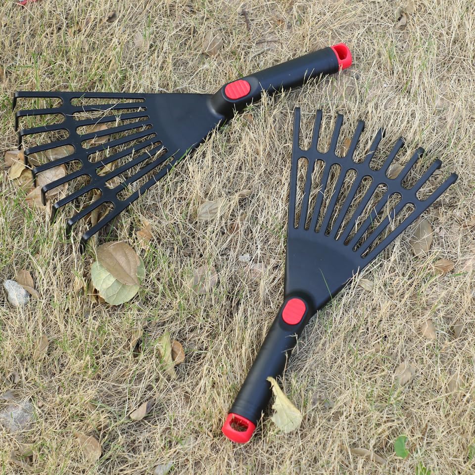 DECHOUS 2Pcs Small Hand Rake Garden Tool: Short Handle Plastic Hand Rakes for Gardening Cultivating Loosening Soil Spreading - 9 Tine - Garden Essential Tools - Black