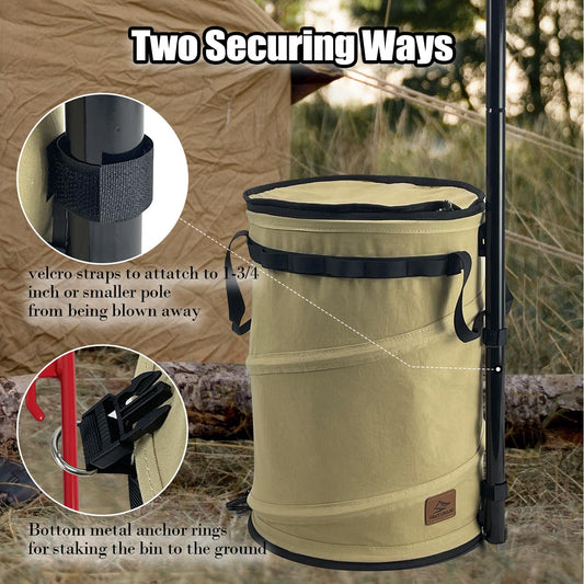 Sutekus Pop Up Storage Bin Collapsible Trash Can Recycle Container Reusable Utility Bag with Zippered Lid for Camping, Laundry, Garden (Khaki Color) - color: khaki color