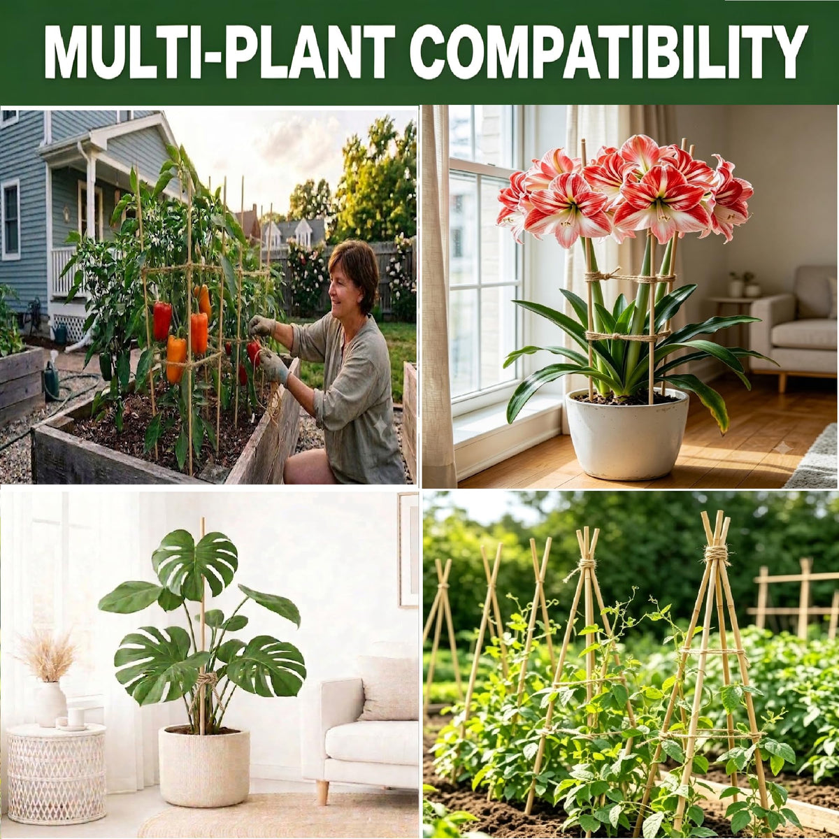 Plant Stakes 2 FT (24 in), Natural Garden Bamboo Sticks, 20-Pack Garden Stakes with 10 Clips & 65ft Twine - Sturdy Tomato Stakes for Vegetable Support, Indoor Potted Plants and Climbing Flowers